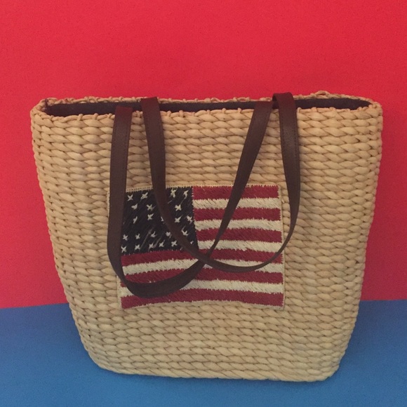 Handbags - Woven Straw USA Flag Bag w/Leather Straps